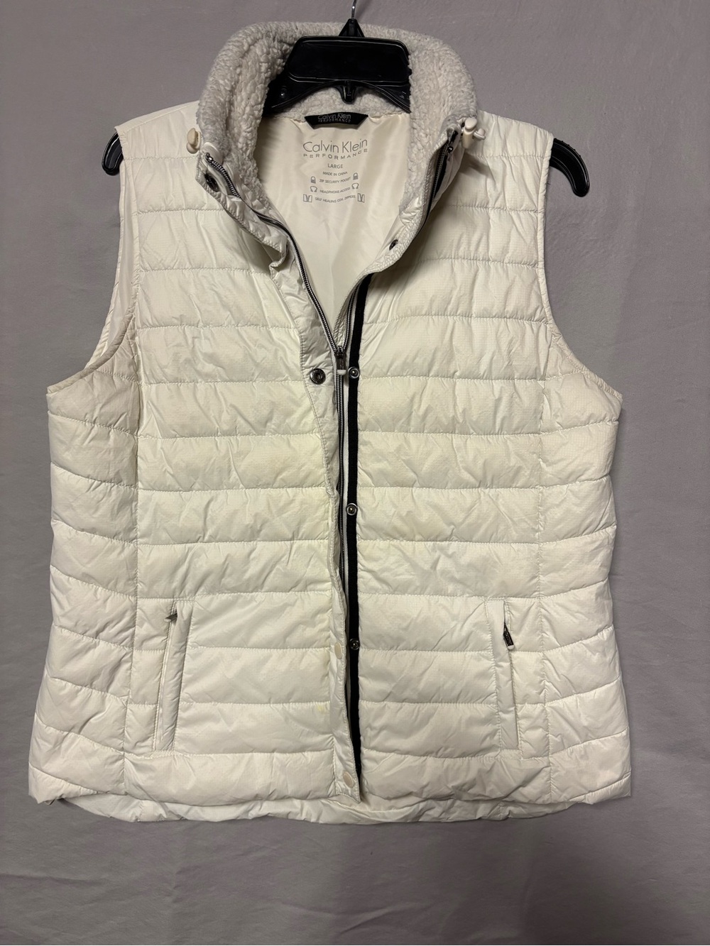 Calvin Klein Cream Quilted Puffer Vest with Sherpa Collar